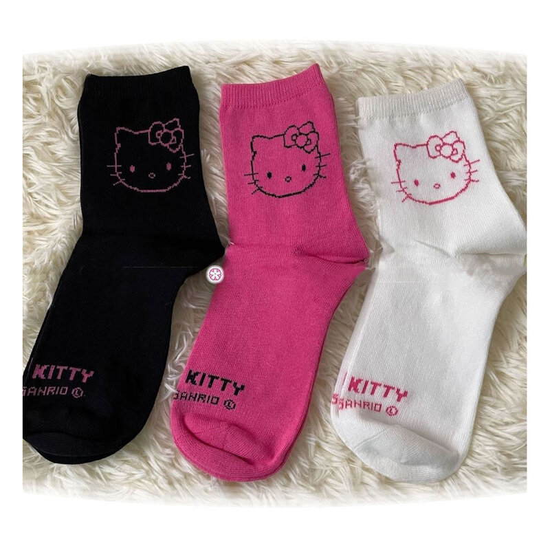 Y2K Hallo Kitty Socken für Mädchen Medium Socken Kawaii Sanrio Hallo Kitty Zubehör Socken Rosered Schwarz Weiß Socke Frauen Weibliche