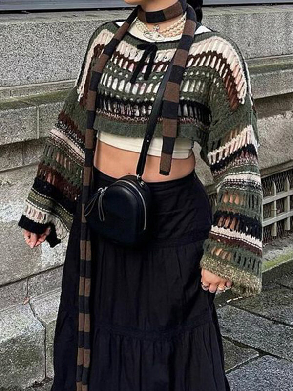 SUCHCUTE y2k Stripe Hollow Out Fishnet Sweaters Smock Crop Tops Women Fairycore Oversize Sweater Grunge Goth Cloth свитер сетка