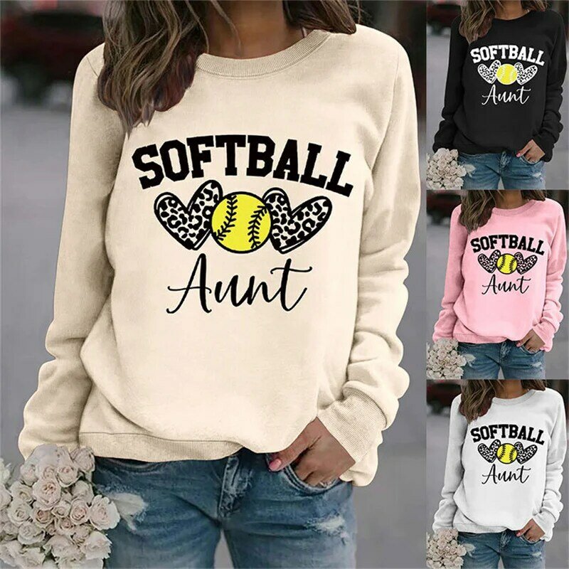 Hoodie kerah kru wanita, hoodie longgar kasual vintage bercetak bibi softball musim dingin katun mode baru