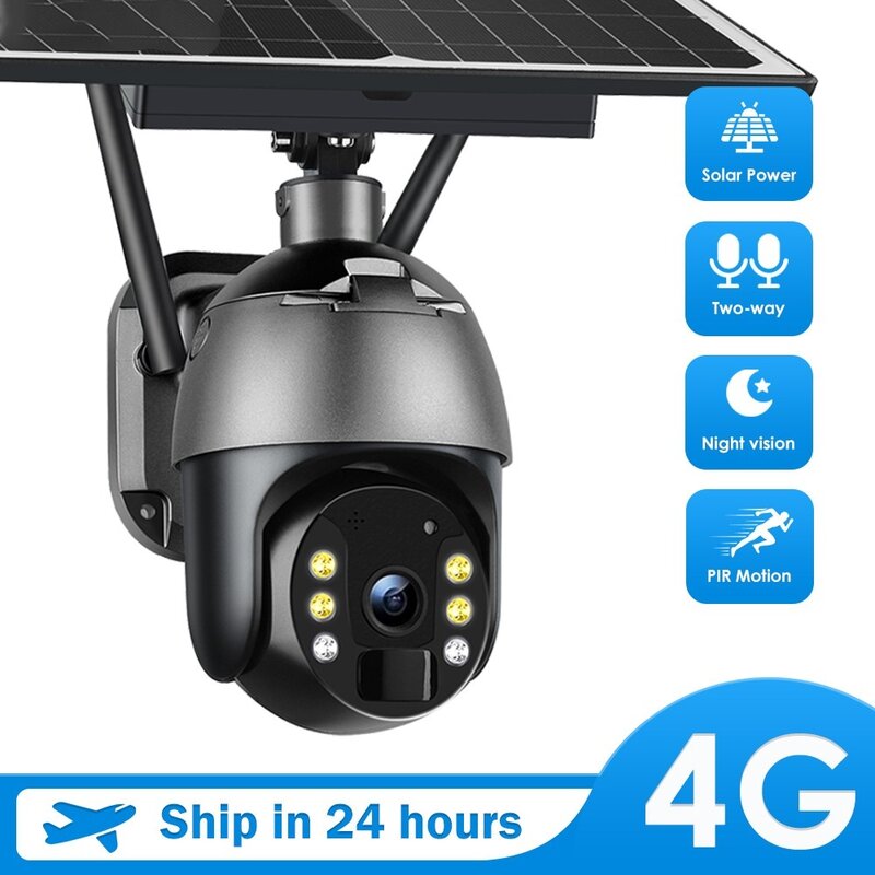 Câmera de Vigilância Sem Fio ao Ar Livre, IP Solar, WiFi, 1080P, Vídeo CCTV, Proteção de Segurança Impermeável, Bateria, Cor, Noite, PTZ, 4G