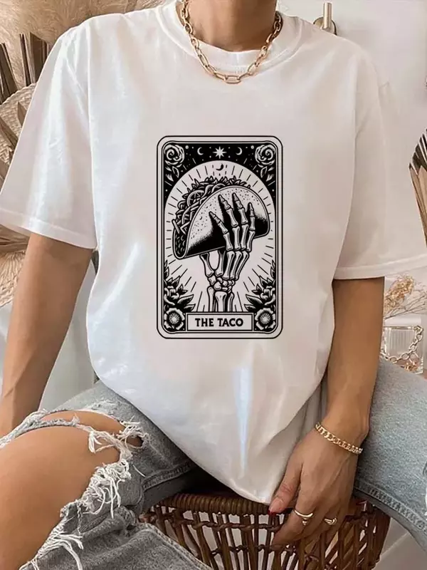 La t-shirt stampata retrò Taco da donna divertente o-collo Top stampato stile Casual stampato t-shirt di marca tarocchi manica corta stile alla moda