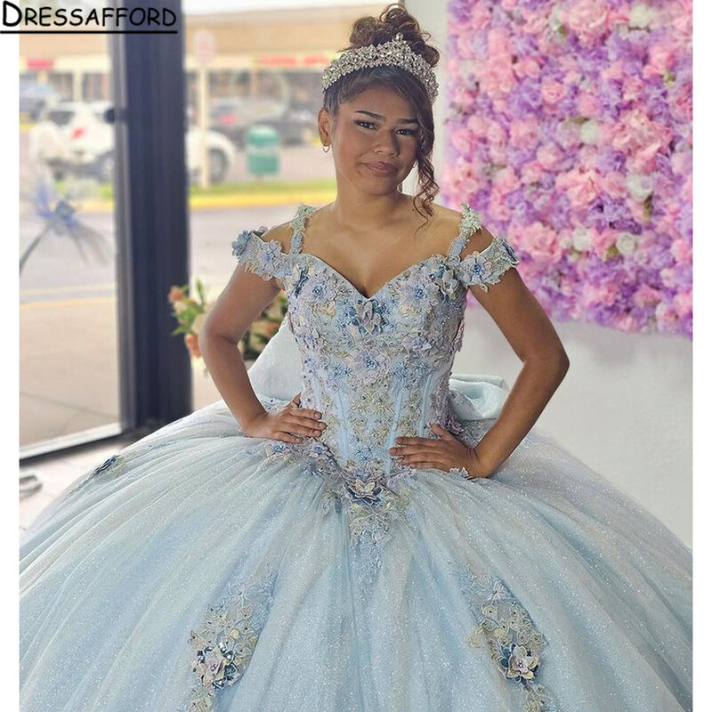 Himmelblau Quince anera Kleider Ballkleid Blumen süß 16 15 Kleid Spitze Applikationen Perlen von der Schulter Vestidos de Fiesta