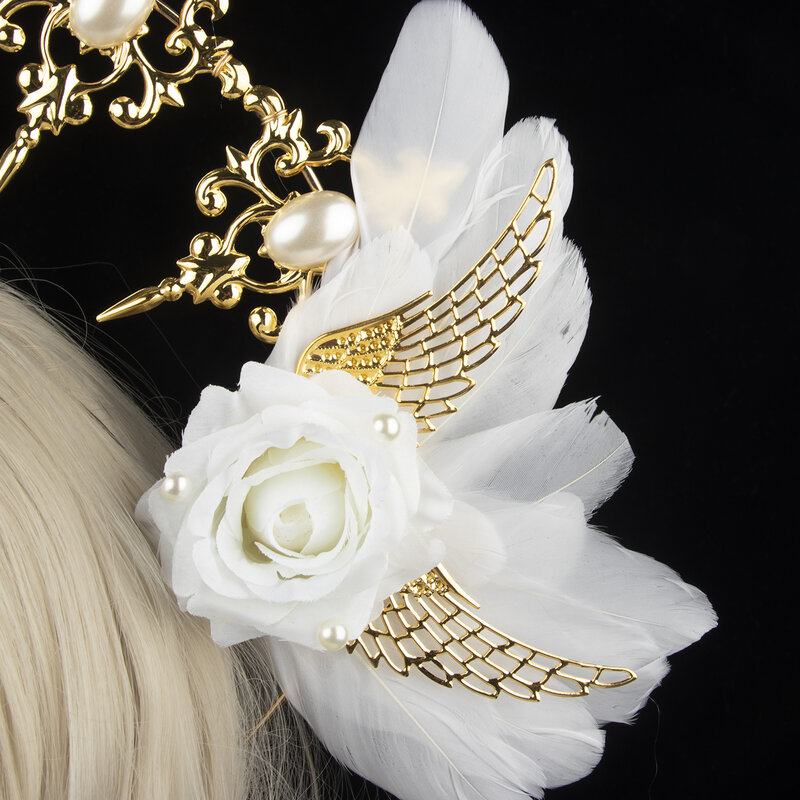 Lolita-Diadema de corona de madrina para el sol, accesorios para el cabello, Tiara barroca con cadena de cuentas de la Virgen María, alas de Ángel Rosa Blanca gótica KC