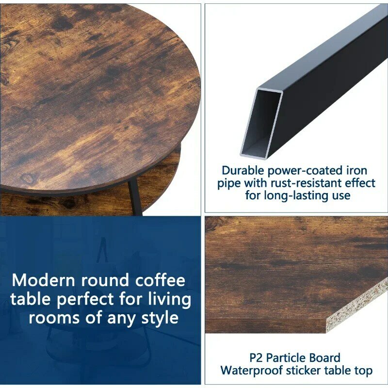 オープンストレージ付きの丸いコーヒーテーブル,頑丈な金属の脚を備えた素朴なアクセントテーブル,リビングルーム用の木製ソファテーブル,38.5インチ