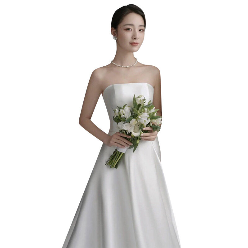 Gaun pengantin tanpa tali seksi gaun pengantin sederhana renda tanpa lengan Korea pernikahan gaun pengantin kustom Satin nyaman dengan kereta kecil