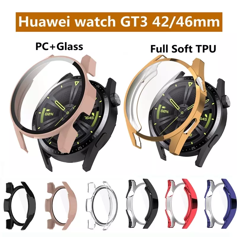 Funda completa para Huawei Watch GT3 46mm 42mm, Protector de pantalla de parachoques de vidrio templado de PC duro para Huawei Watch GT 3