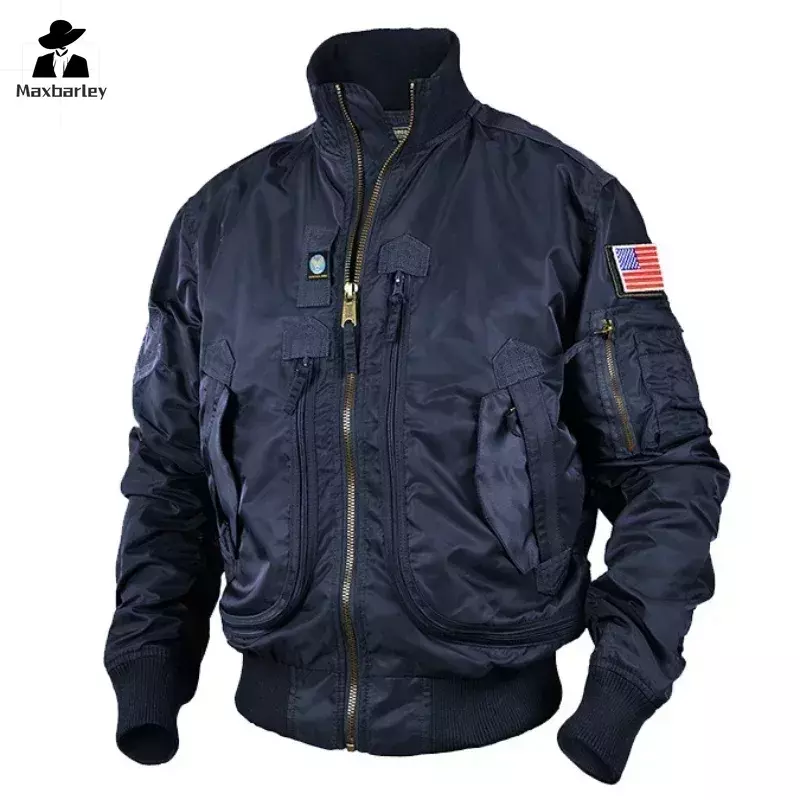 Jaqueta tática de bombardeiro masculina com gola alta, outwear de motocicleta, casaco piloto, roupas de beisebol, bolso grande, roupas de trabalho, Armygreen