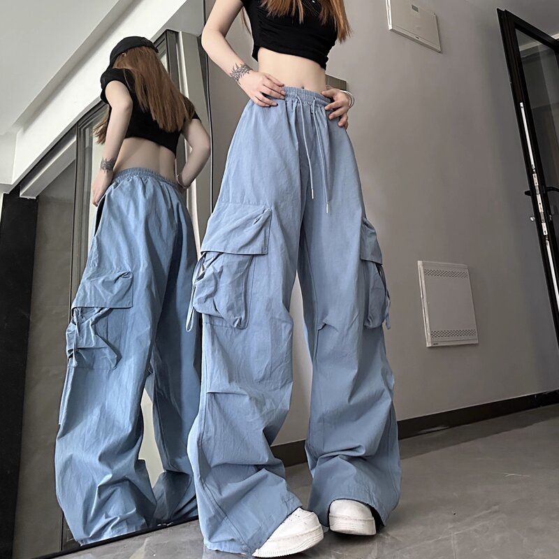 Baju kodok Retro wanita, celana panjang lantai kasual longgar pinggang tinggi kaki lurus Musim Panas 2024