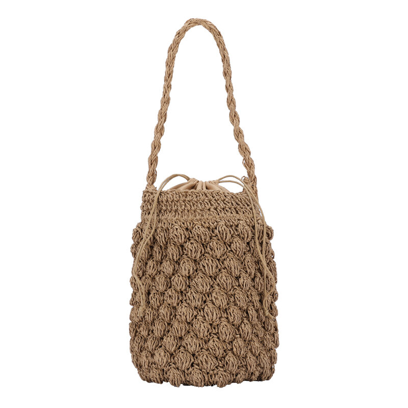 Bolsa de balde de tecido artesanal feminina, bolsa de ombro boêmia, bolsa de praia de palha tricotada, bolsa recortada redonda feminina, verão