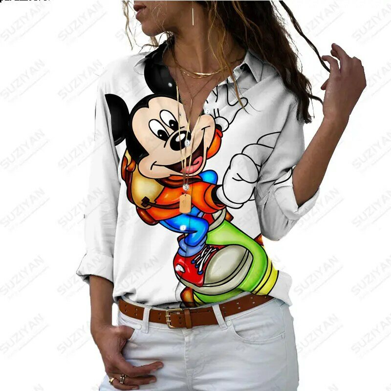 ディズニーの新しい長袖Tシャツ,新しいスリムフィット,ミッキーのキニ,3Dプリント,ボタン,長袖,カジュアルな原宿スタイル