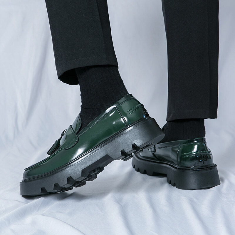 STRONGSHEN 남성용 태슬 캐주얼 가죽 신발, 럭셔리 슬립온 그린 로퍼, 플랫폼 패션 특허 가죽 비즈니스 원피스 신발