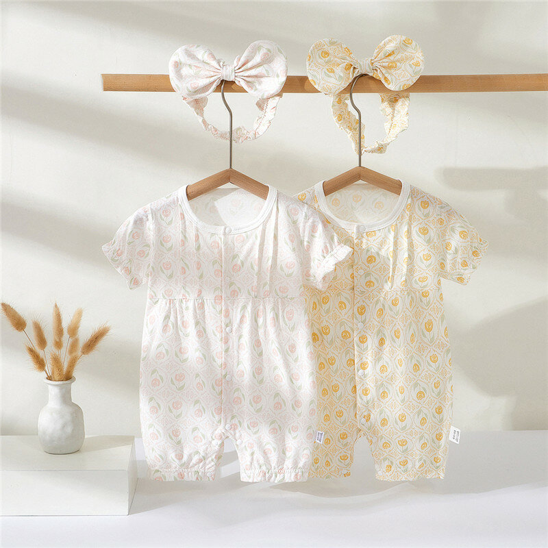 Baby jumpsuit summer short sleeved thin female baby clothes with hair band rompers pajamas newborn clothes