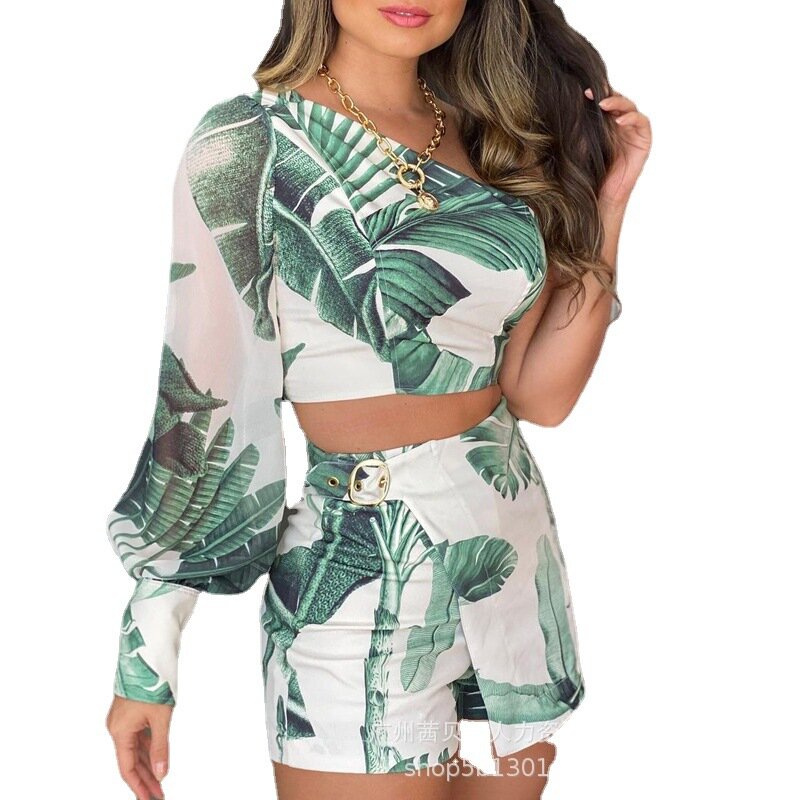 2024 Spring/Summer New Green Print Long sleeved Off Shoulder Skirt Set 2022 Summer New Sexy Off Shoulder Two Piece Set