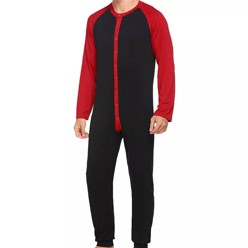 Pajamas Up Jumpsuit Colorblock Buttons 2021 Nightwear Nightgown Patchwork Casual Homewear Sleepwear One Piece Men Sleeve Long