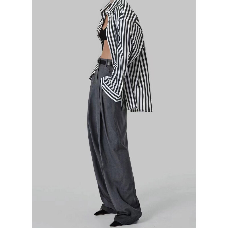 Mulheres lã reta calças soltas, cintura alta, monocromática, calças sob medida, comprimento total, terno de streetwear, Fr @ nki