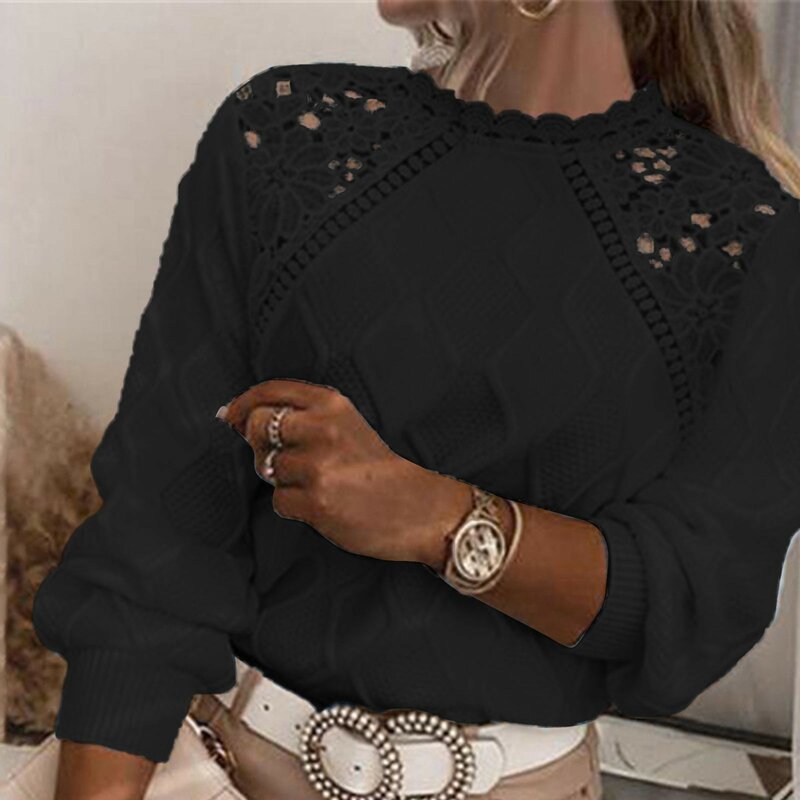 Sweter rajut berongga bordir renda elegan atasan Jumper Solid lengan panjang kasual wanita pullover longgar leher-o mode 2023
