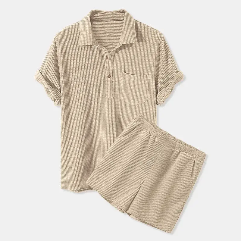 Men Sets Casual Loose Waffle Corduroy Short Sleeve Suit Casual Two Piece Set Summer Solid Color Top and Shorts