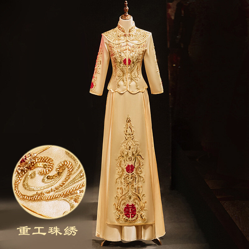 Xiuhe 의류 신부 중국 고대 웨딩 원피스 전통 드래곤 피닉스 자수 한푸 치파오 세트