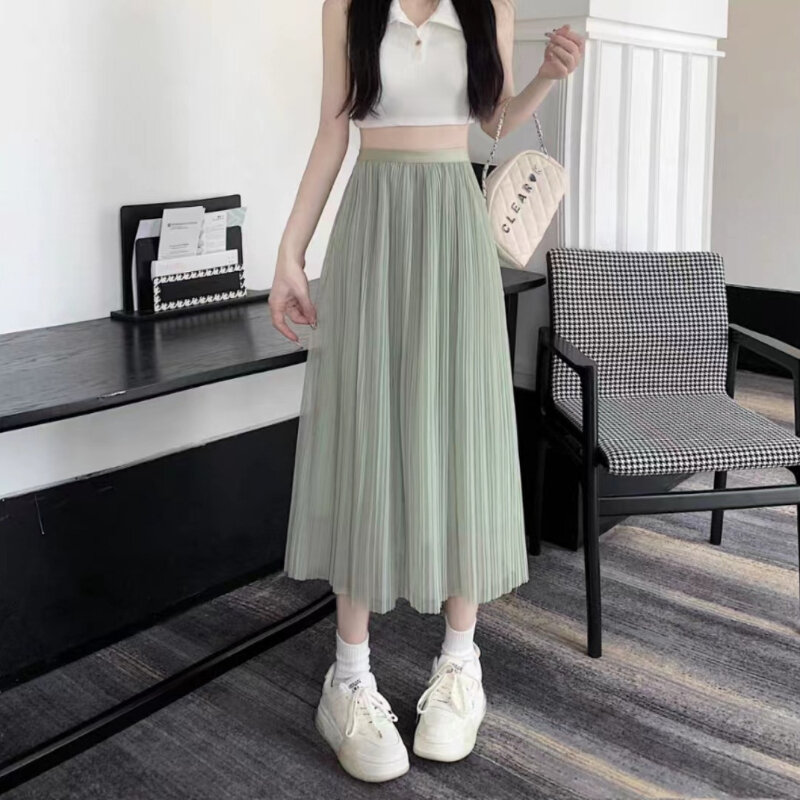 Women Solid High Waisted Skirt Many Colors Mesh Tulle A-line Midi Skirt With Lining for Spring Summer