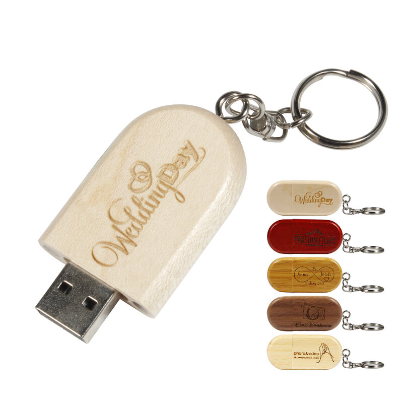 Kotak hadiah kayu, Pen Drive dengan gantungan kunci USB Flash Drive gratis Logo kustom stik memori 64GB/32GB/16GB/8GB/4GB Walnut U Disk