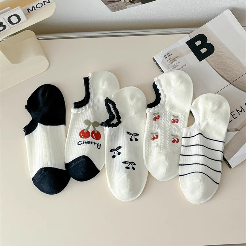 5 pairs of lovely cherry print invisible socks White women Summer thin mesh breathable women's cotton  socks  cotton New style