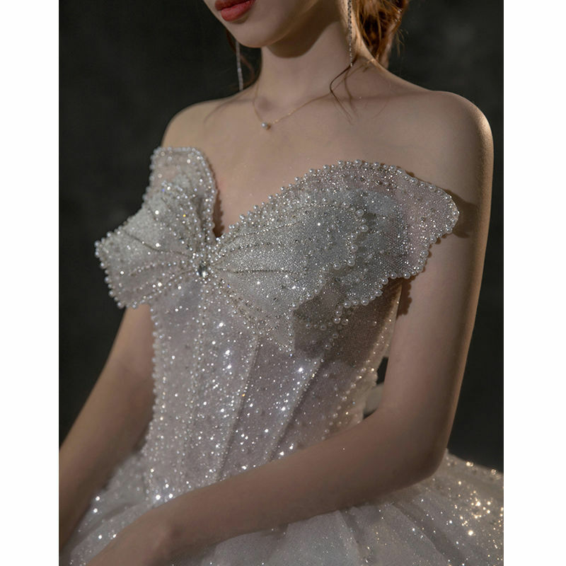 Gaun Pernikahan Gaun Bola Mutiara Pita Putri Gaun Pengantin Gaun Pengantin Tanpa Lengan Glitter Glitter Luxruy Jubah Gereja Robe De Mariee