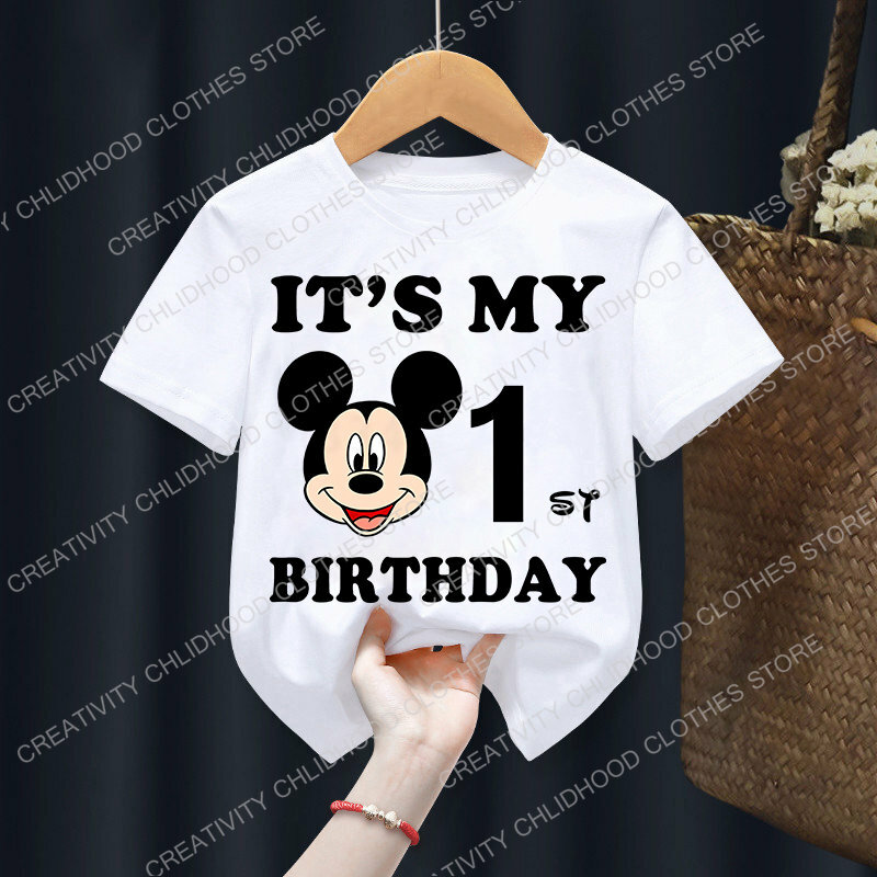 Disney-Camiseta infantil de mickey mouse, desenhos animados kawaii, camiseta casual, roupa de aniversário, número 1-9, bebezinho, menino, menina, criança