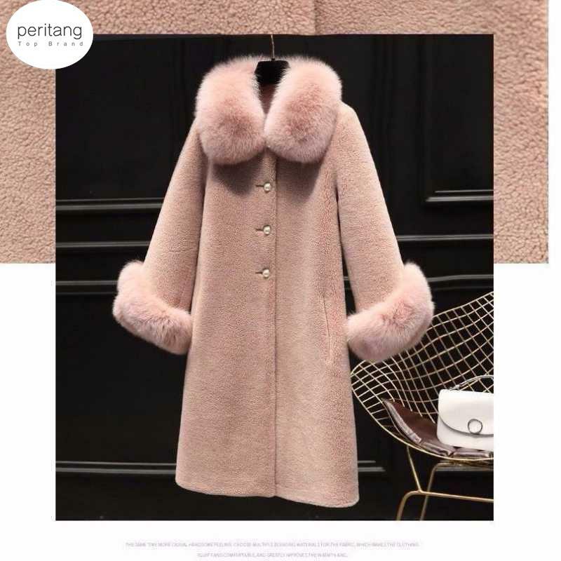 Falso casaco de pele de raposa para mulheres Casacos de lã real Casaco de inverno longo quente ovelha shearling outono, luxo