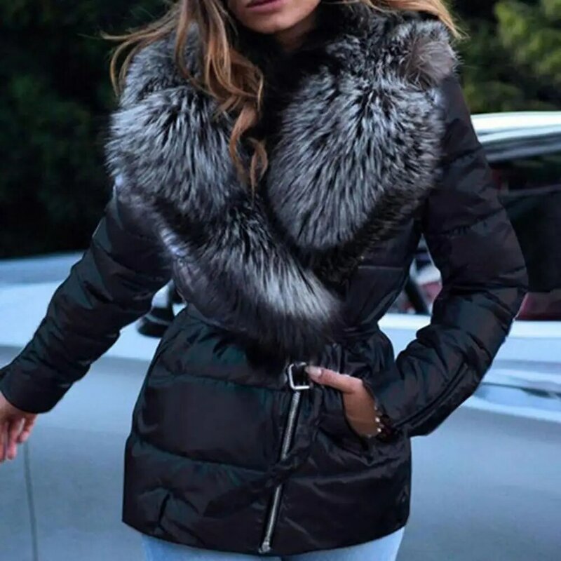 Jaket musim dingin wanita, mantel katun tekstur lembut cantik jaket musim dingin wanita bulu palsu kerah Puffer pakaian luar