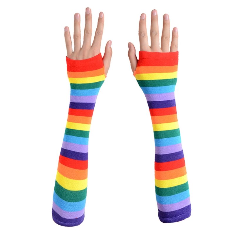 Bas longs rayés multicolores au dessus du genou, gants longs tricotés, accessoires fête 37JB