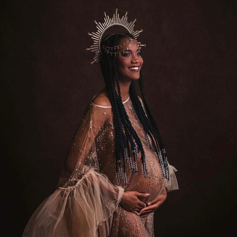 Fotografia ciążowa sukienki bogini korona na sesja zdjęciowa tiul brązujący Sexy kobiety ciąża sukienka strzelanie rekwizyty akcesoria