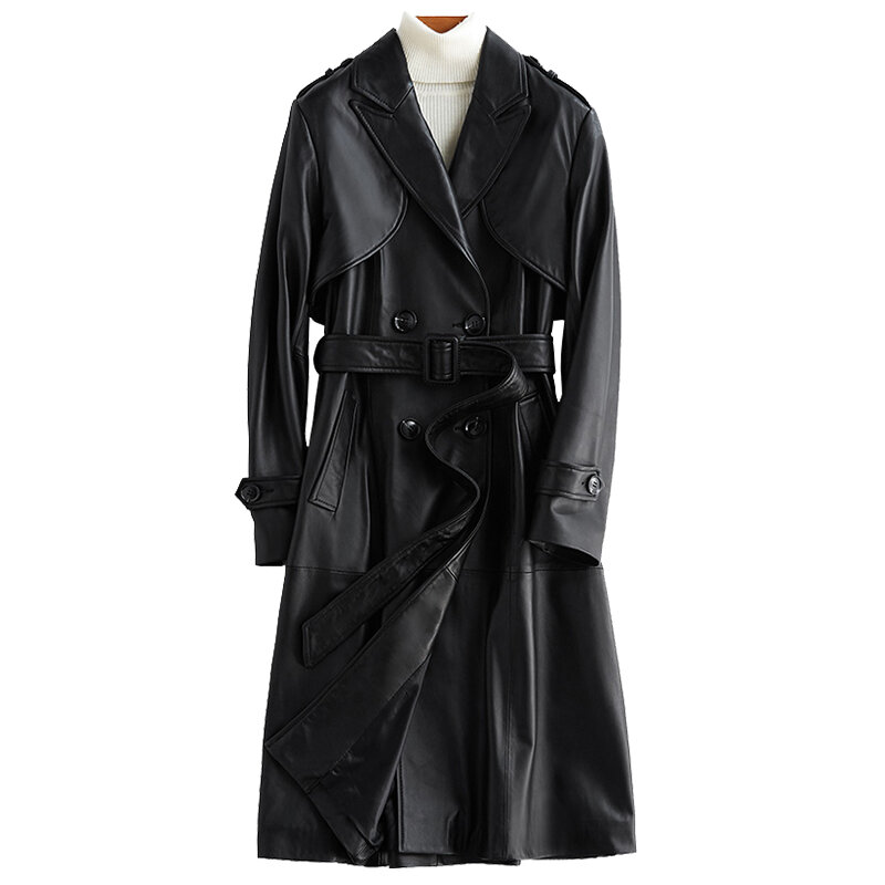 2024 jesienna długa czarna piana płaszcz trencz dla kobiet pagony z długim rękawem w stylu brytyjskim modny skórzany płaszcz