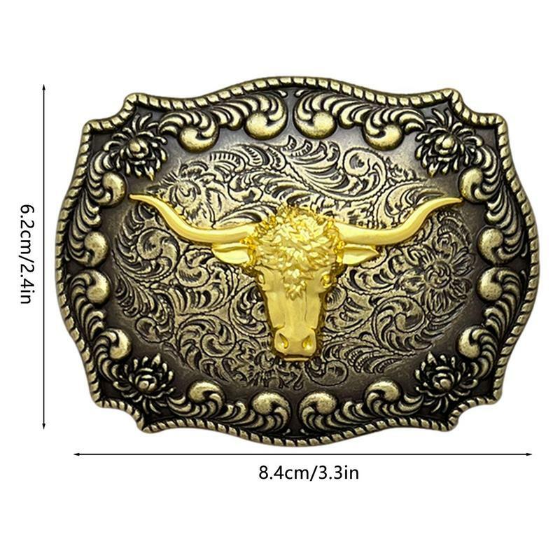 Fivela do cinto do vaqueiro com Floral gravado, chifre longo Metal Bull Pattern