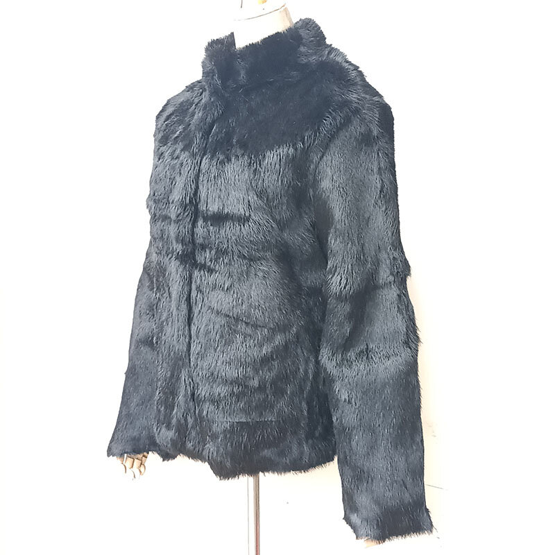 Casaco de manga comprida de pele de coelho real para mulheres, jaqueta de inverno quente, gola alta genuína, pele natural solta