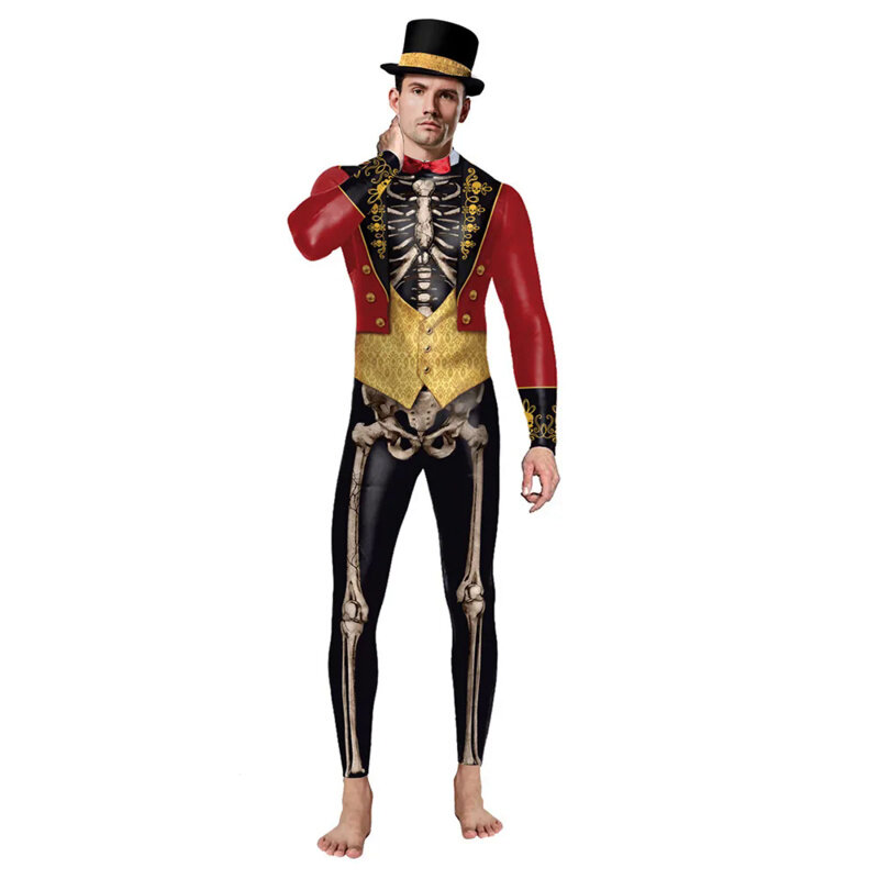 Men Skeleton Printed Scary Jumpsuit Halloween Party Cosplay Costume  Adults Fitness Bodysuit One-piece  C40X41