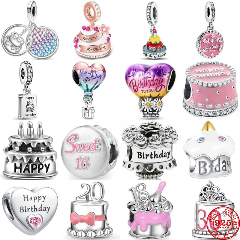 Abalorios de plata de ley 925 para pastel de feliz cumpleaños, abalorios de globo aerostático compatibles con pulsera Pandora Original, joyería artesanal para mujer