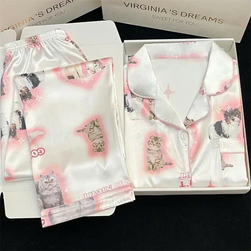 Kawaii youth girl's pjs satin homewear long short fashion pigiama Cute Cat Print estate nuovo pigiama sottile per le donne Silk Home Set