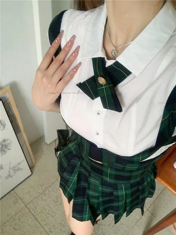 Uniforme escolar Jk de Japón y Corea para mujer, traje de moda mejorado, camisa de manga abombada, falda con tirantes, conjunto de Falda plisada