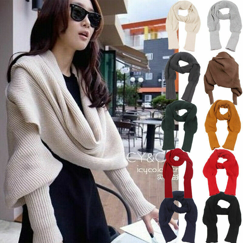女性用ニットセータートップス、袖付きスカーフ、暖かいショール、冬用スカーフ、10色