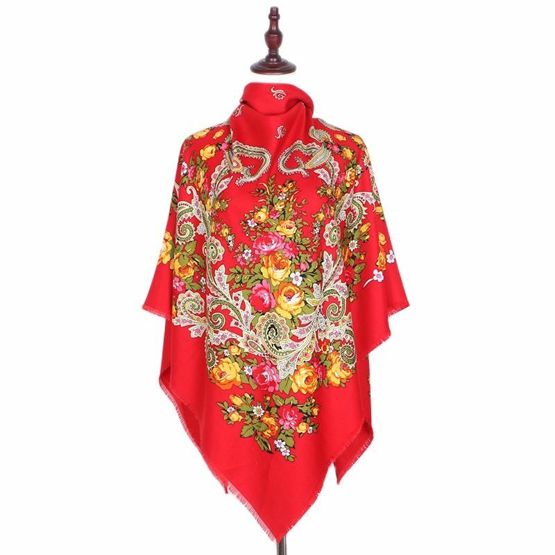 Ретро русский роскошный двойной хлопковый шарф большого размера квадратные шали с цветочным принтом головные повязки в этническом стиле с бахромой Фата