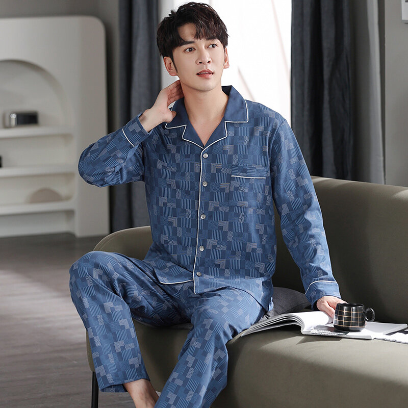 Осенне-зимний мужской пижамный комплект из 100% хлопка, пижамы, простая одежда для сна, Мужская пижама с отложным воротником