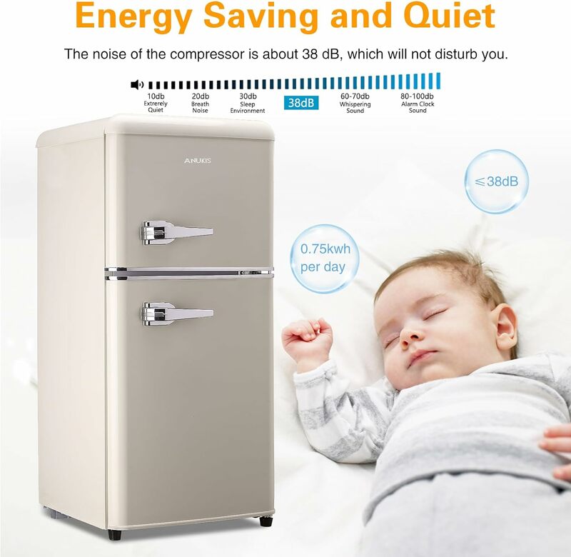 Anukis-Mini refrigerador com freezer3.5 Cu Ft, 2 portas geladeira compacta para dormitório, apartamento, escritório, família, porão, garagem, creme