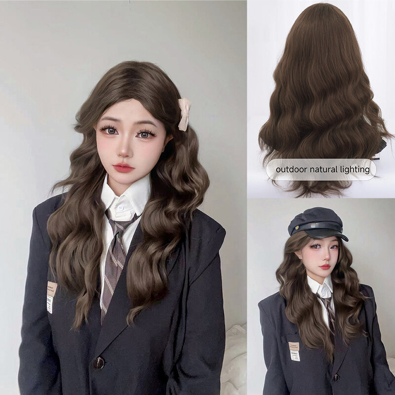 Wig sintetik bergaya Preppy Lolita coklat 24 inci bagian tengah Wig rambut bergelombang alami panjang untuk Cosplay harian wanita tahan panas