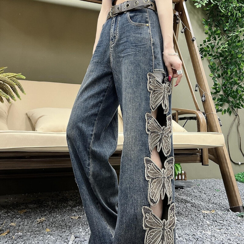 Женские джинсы с вышивкой бабочки, модные рваные джинсовые брюки с широкими штанинами в стиле ретро, повседневные брюки с высокой талией, лето 2024