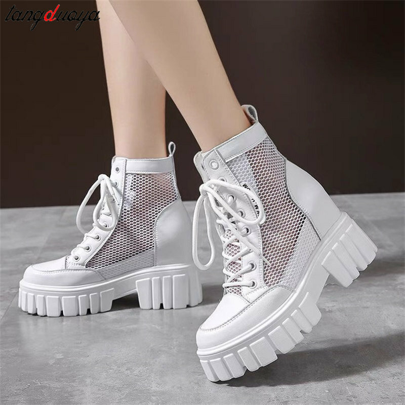 British Style Fashion Cool Boots Women's 2024 Summer New mesh Breathable High Tube Lace-up Boots Women's Chunky Platform Shoes
