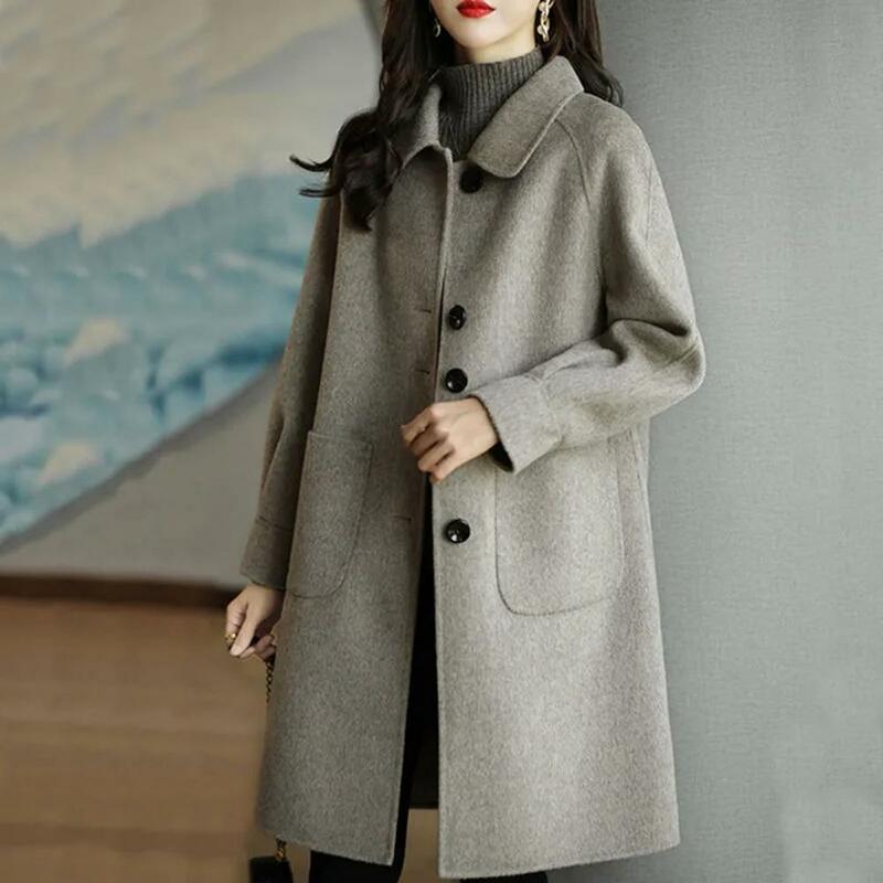 Single Breasted Coat Stylish Women's Woolen Coat Lapel Long Sleeve Single Breasted with Pockets Fashionable for Autumn/winter
