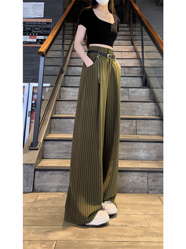 Large Size Women's Striped Suit Pants Summer New Casual Pants High Waisted Trousers Slimming Wide Leg Pants For Women