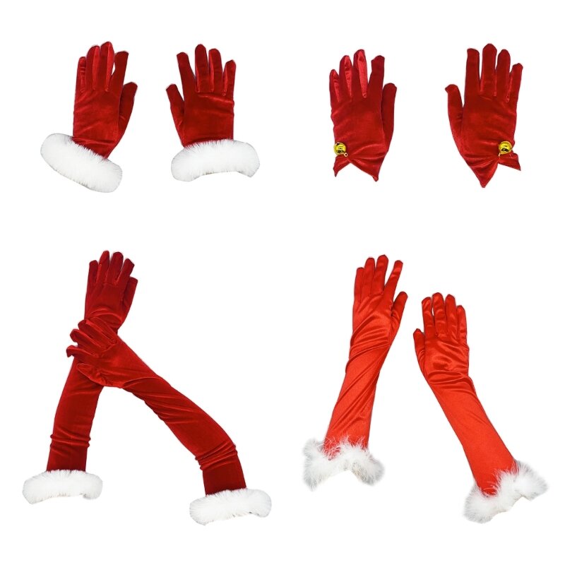 Houd warme vingerhandschoenen Volwassen Cosplay Santa Mitten met bellen/witte manchetten