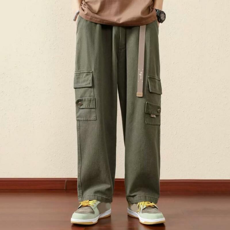 Pantalones Cargo Retro Vintage para hombre, pantalones sueltos con cintura elástica, múltiples bolsillos, decoración de correa, suave y transpirable para diario