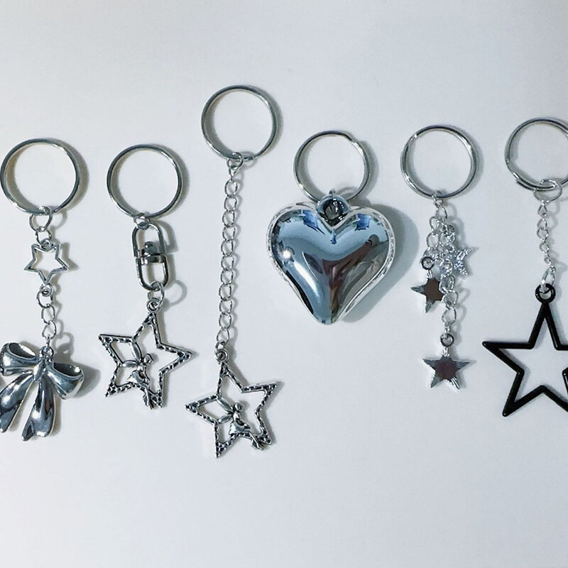 Y2K Silver Color Metal Keyring Korean Harajuku Bow Heart Star Keychain Car Key Holder Fashion Bag Pendant Purse Charm